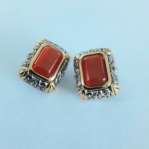 Elegant Vintage Earrings, Orange Amber Color, Gold/Silver-Tone Setting, Clip On